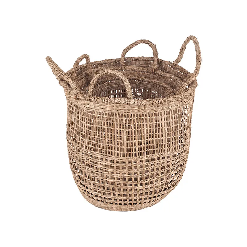 Set of 3 Open Weave Seagrass Round Baskets , Grey
