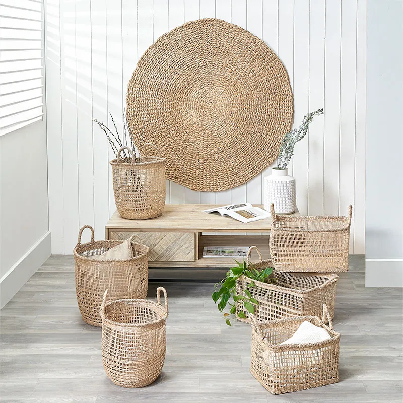 Set of 3 Open Weave Seagrass Round Baskets , Grey