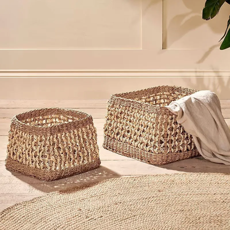Shimla Square Seagrass & Palm Leaf Basket, 26 x 34cm, Natural