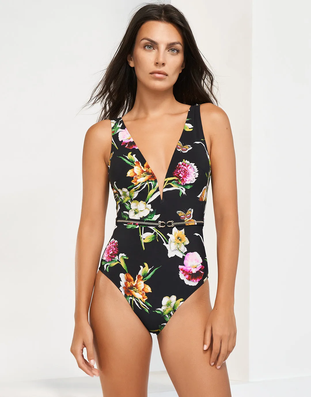 Siciliana Plunge Swimsuit - Black-Brights