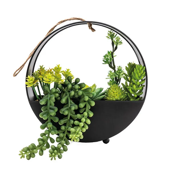 Sleek Lifelike Green Succulent in Chic Round Metal Hanging Pot