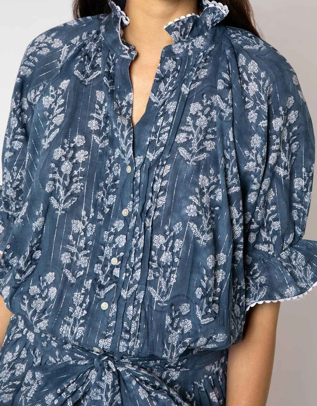 Small Flower Block Print Blouson Dress - Midnight
