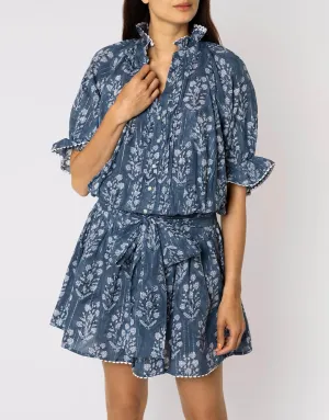 Small Flower Block Print Blouson Dress - Midnight