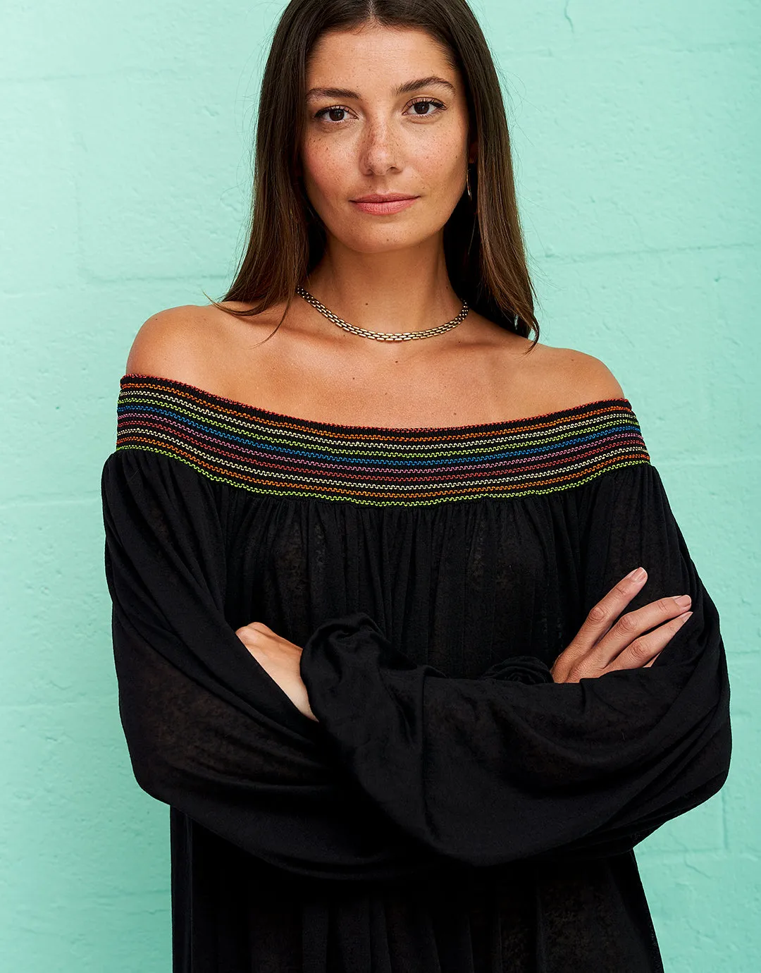 Smocked Off the Shoulder Dress - Black