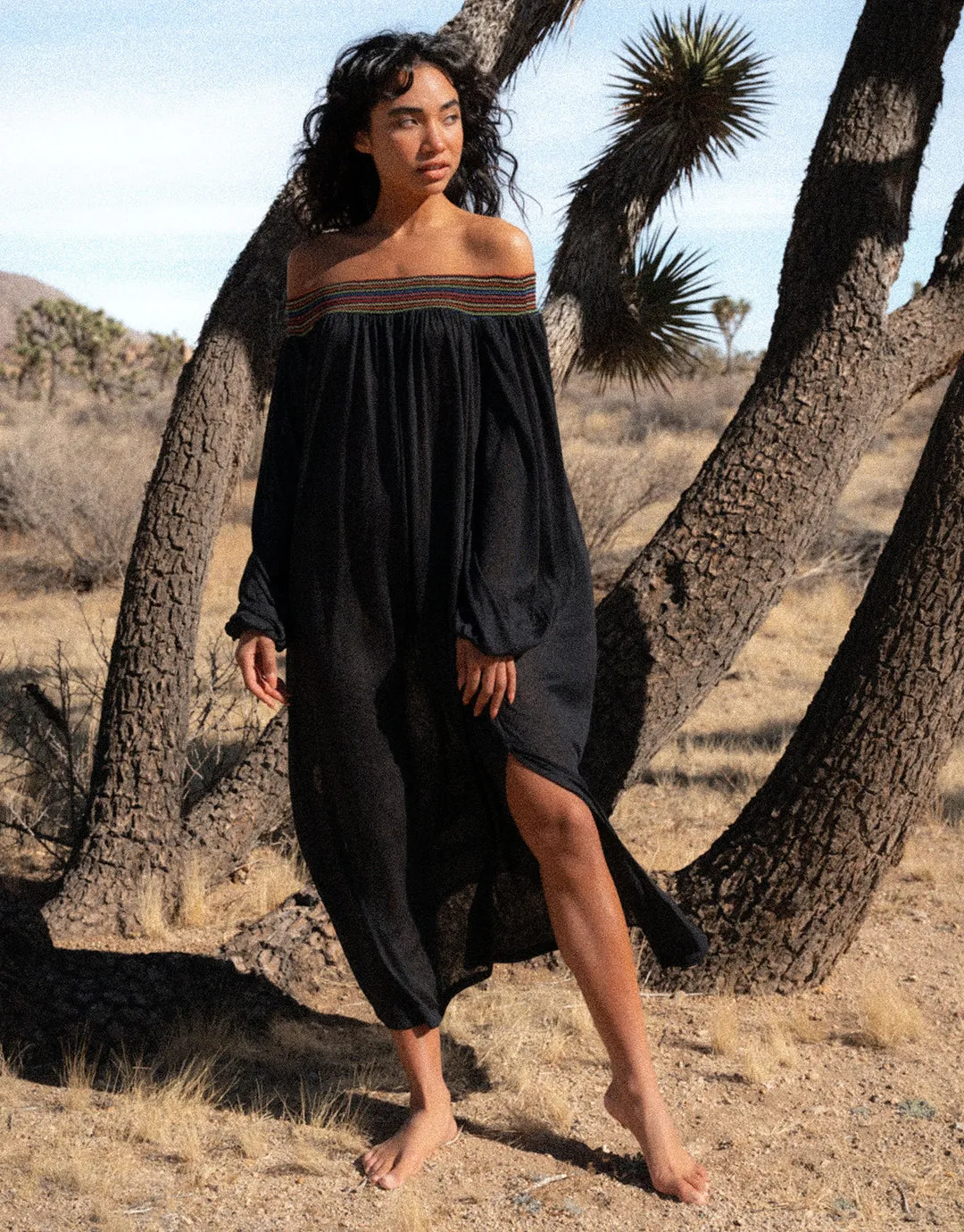 Smocked Off the Shoulder Dress - Black