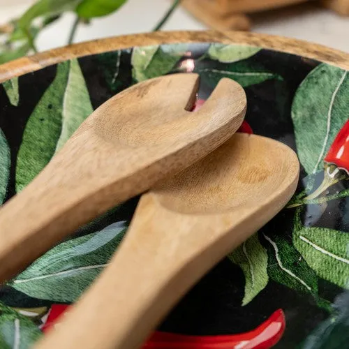 Spoon and Fork Set - Mango Wood with Chilli Print