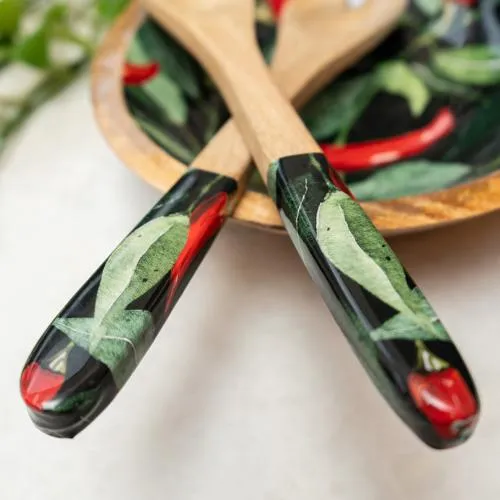 Spoon and Fork Set - Mango Wood with Chilli Print
