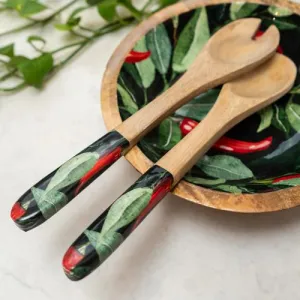 Spoon and Fork Set - Mango Wood with Chilli Print kitchen essentials, utensils set