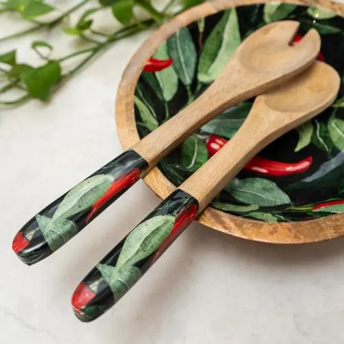 Spoon and Fork Set - Mango Wood with Chilli Print kitchen essentials, utensils set