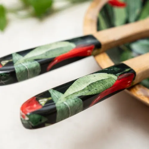 Spoon and Fork Set - Mango Wood with Chilli Print