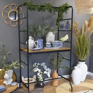 Tall Oak & Black Metal Shelf Unit kitchen essentials, utensils set
