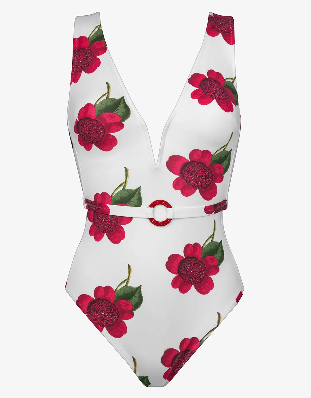 The Bloom Belted Plunge Swimsuit - White Red