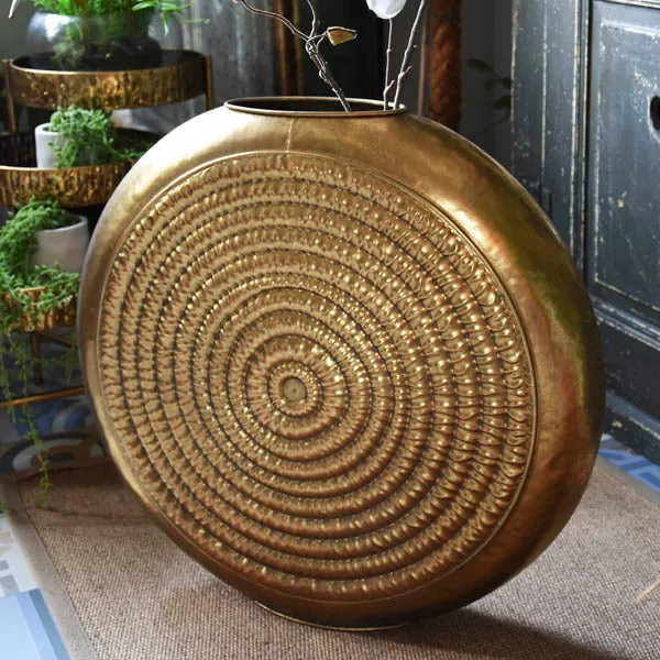 Timeless Antique Gold Oval Embossed Metal Vase