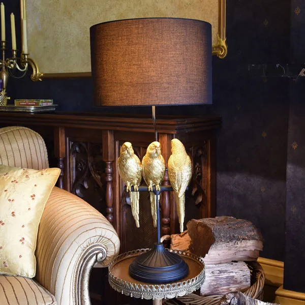 Trio Parrots Lamp: Black Gold Base with Matching Shade