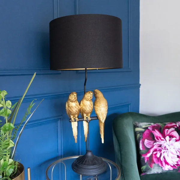 Trio Parrots Lamp: Black Gold Base with Matching Shade