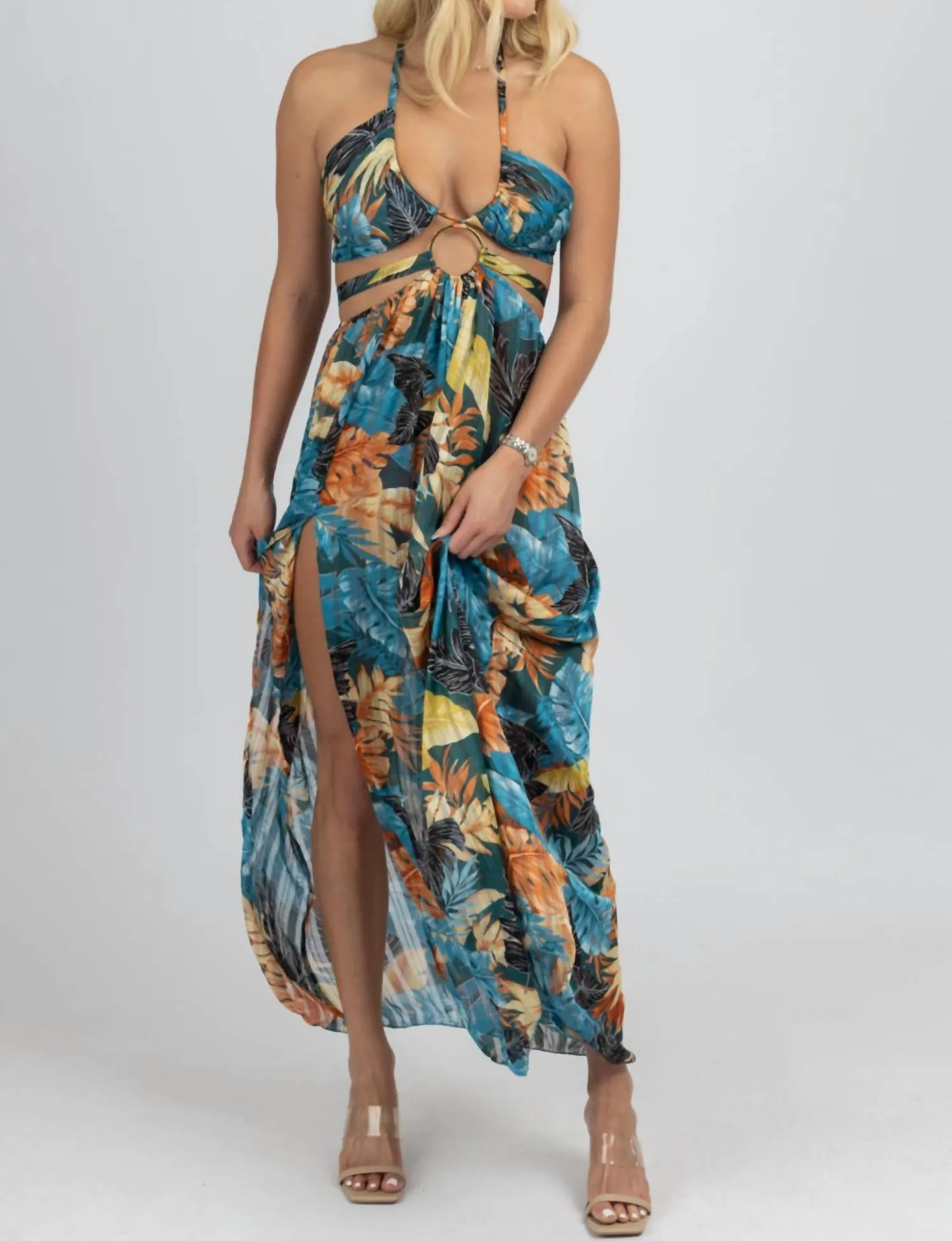 Tropical High Slit Maxi Cover Up In Teal