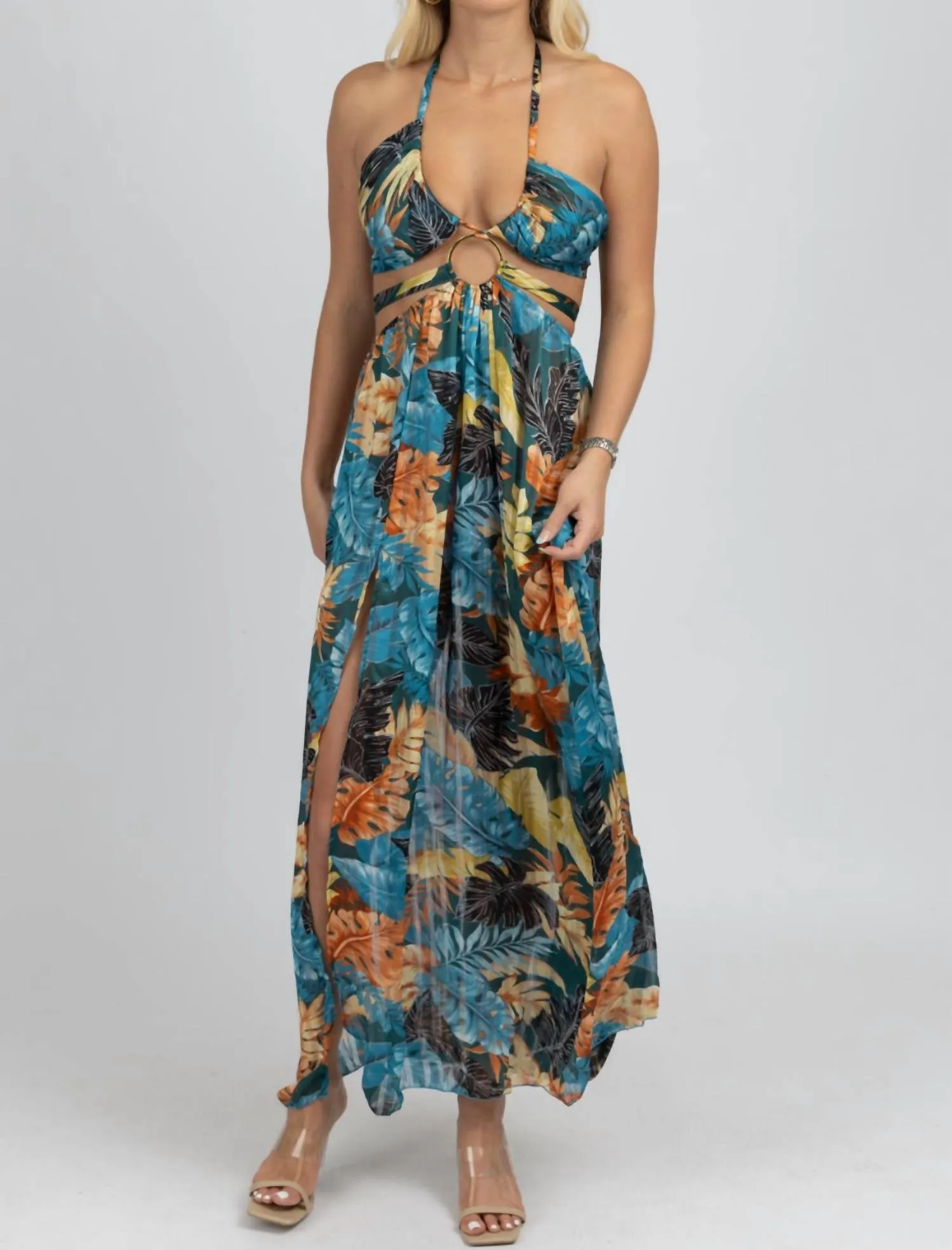 Tropical High Slit Maxi Cover Up In Teal