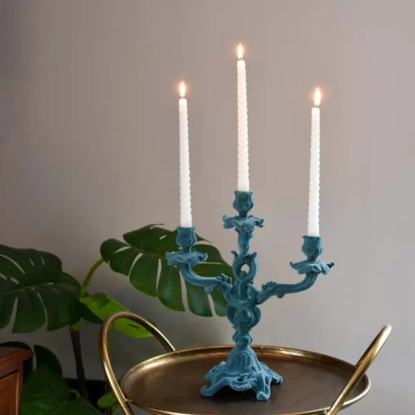 Vintage Ornate Flocked Candelabra in Light Grey/Blue