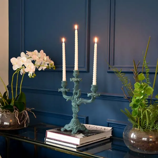 Vintage Ornate Flocked Candelabra in Light Grey/Blue