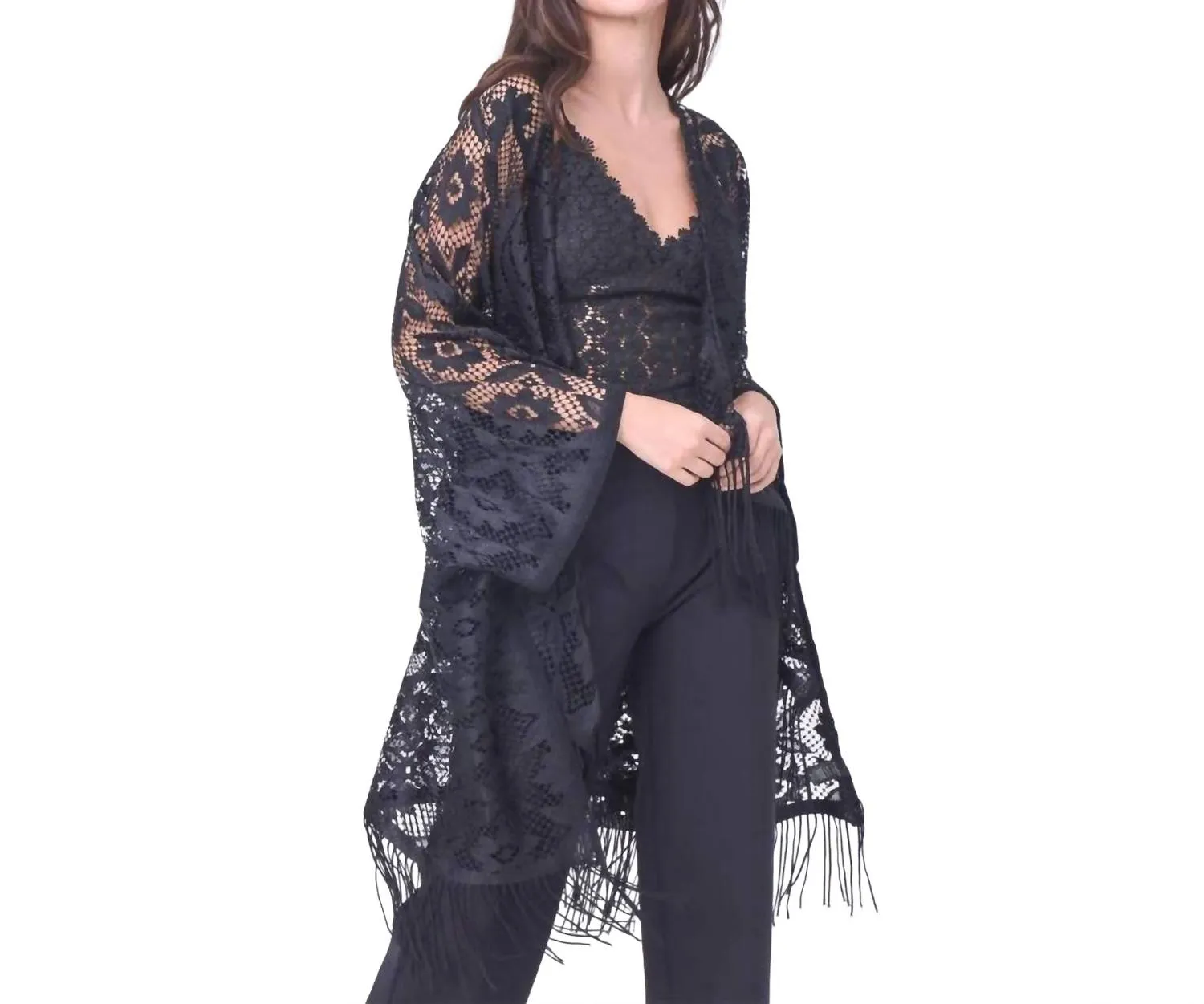 Women's Floral Lace Fringe Boho Kimono Wrap Shawl Cover Up In Black