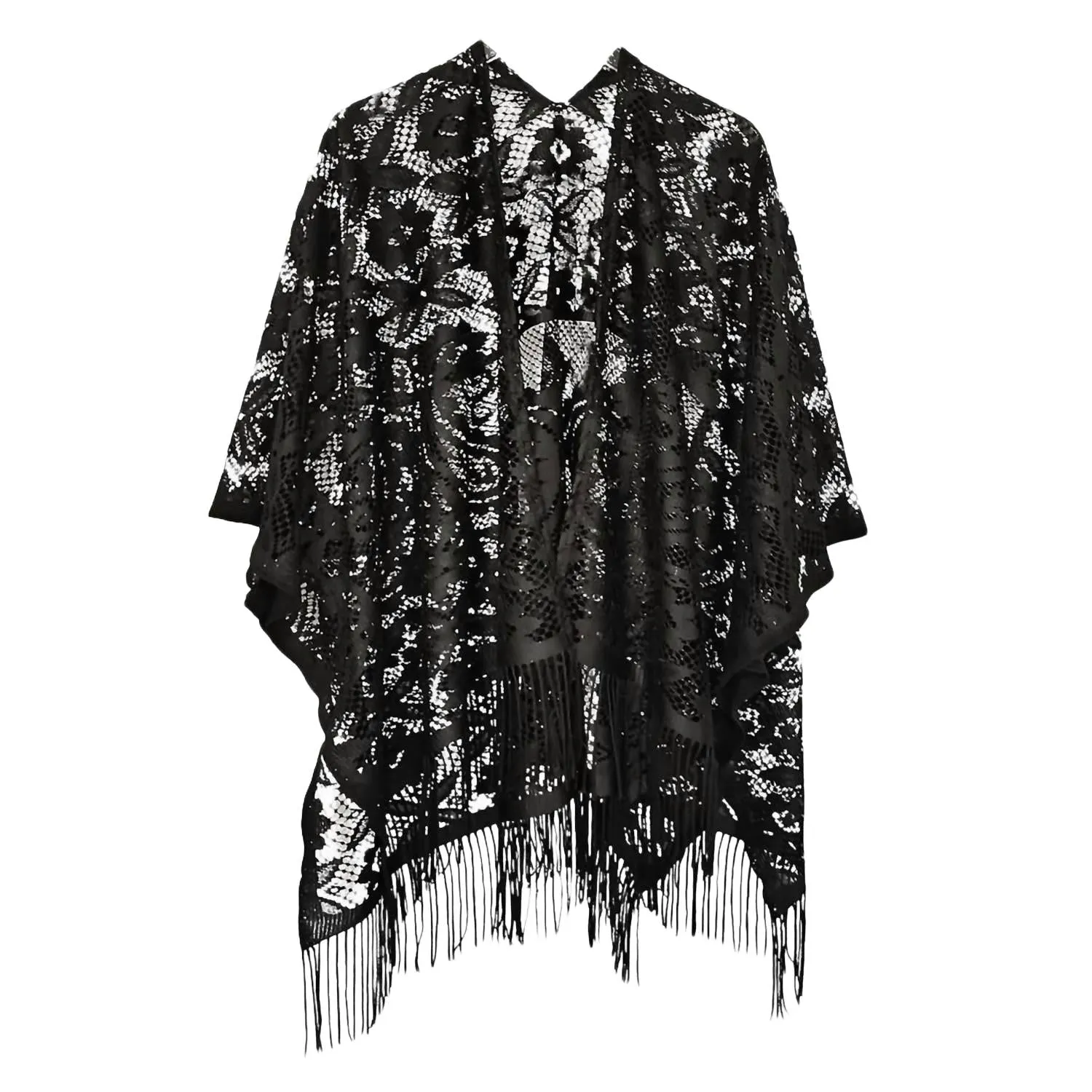 Women's Floral Lace Fringe Boho Kimono Wrap Shawl Cover Up In Black