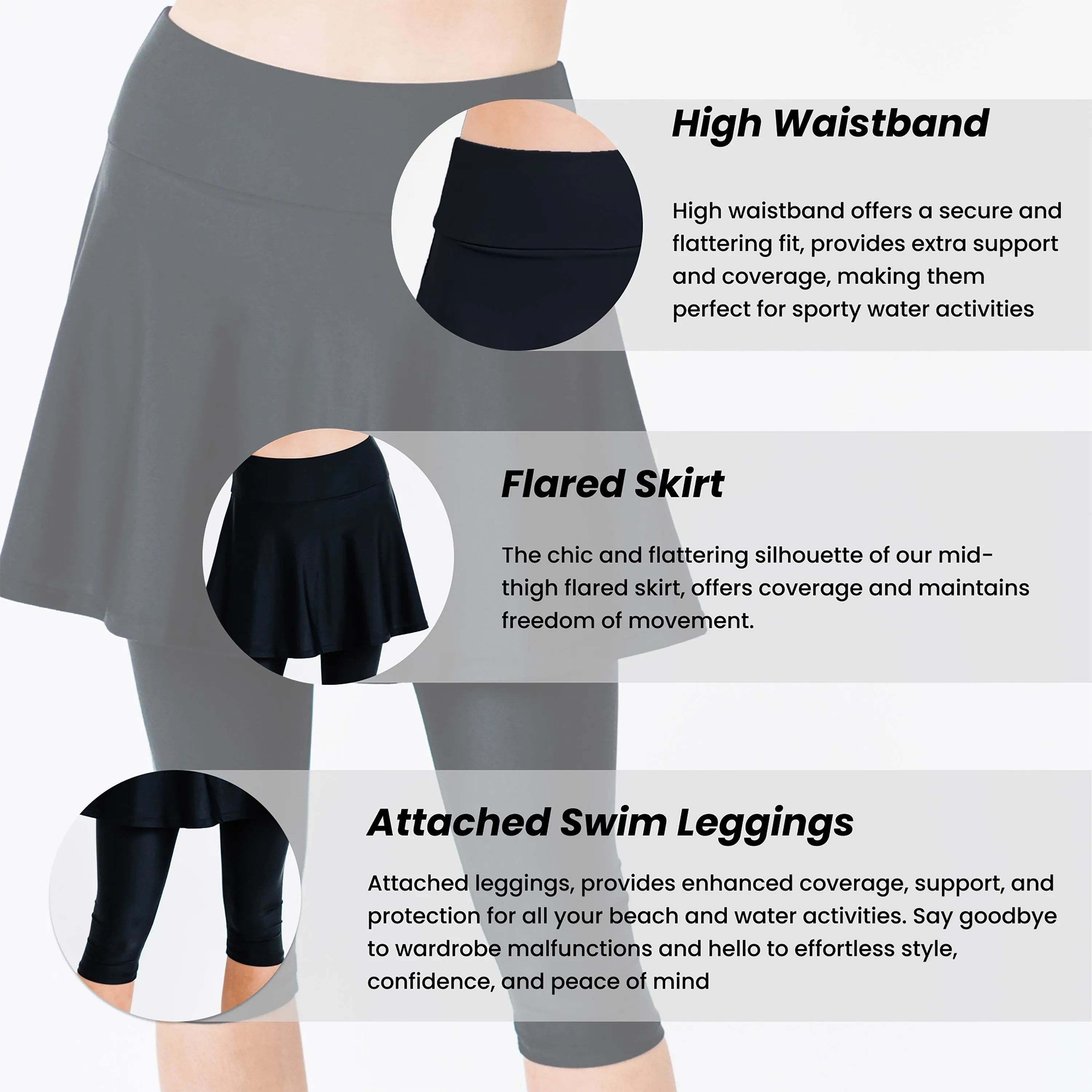 Women's High Waisted Flared Swim Skort With attched Capri Leggings