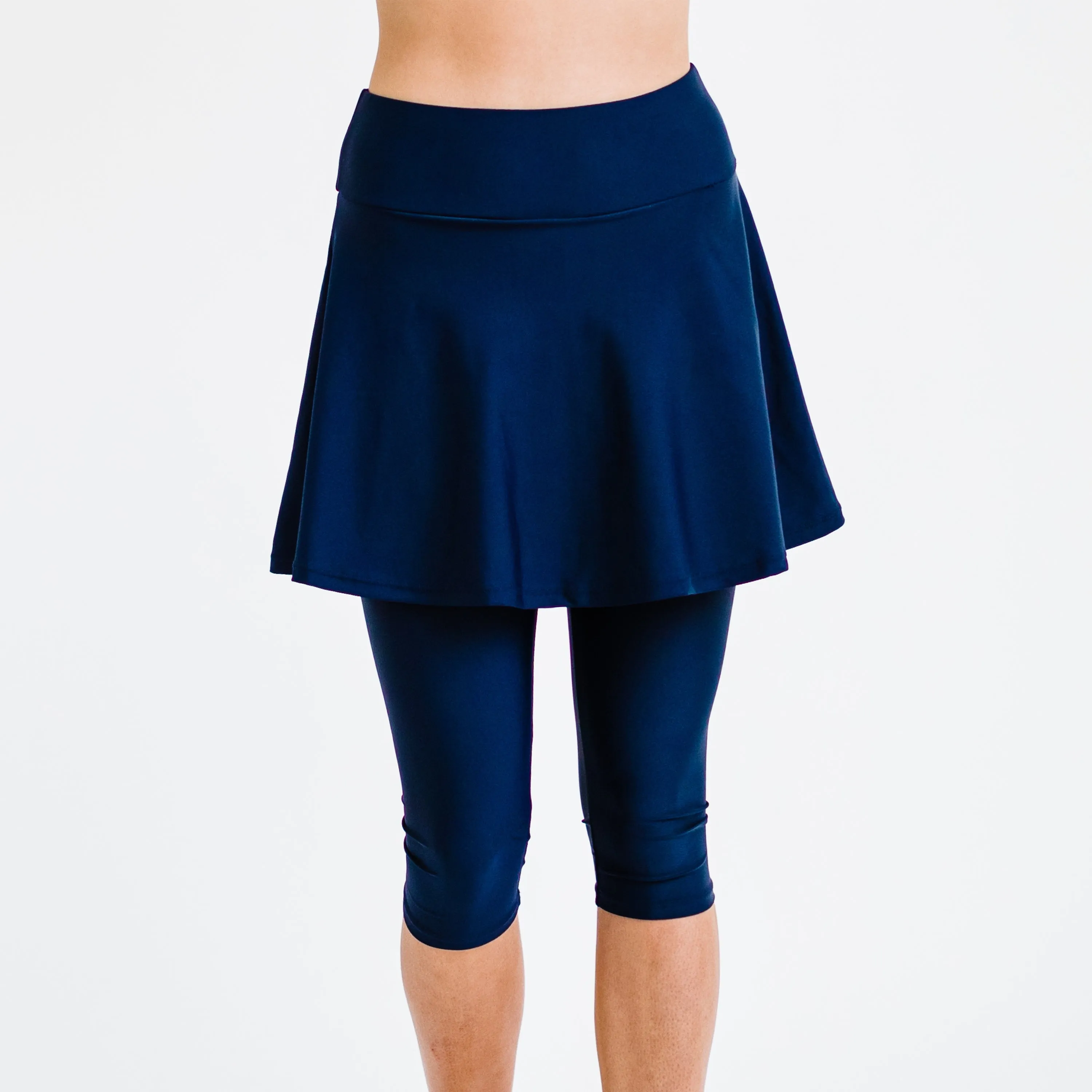 Women's High Waisted Flared Swim Skort With attched Capri Leggings