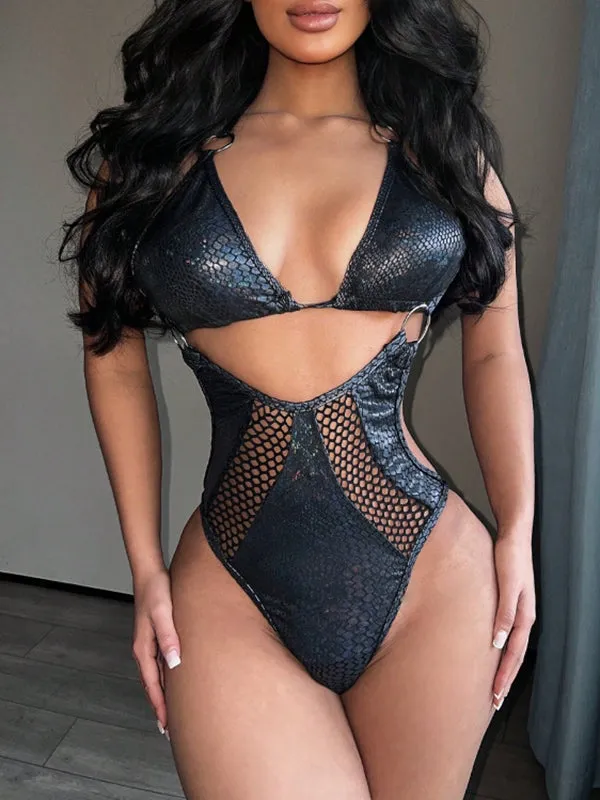 ZASUWA Female Sexy Faux Leather Snake Print Fishnet Bikini Set